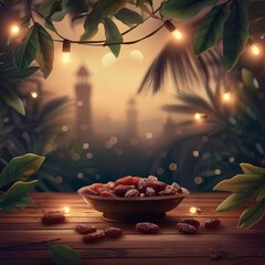 ramadan kareem iftar party invitation background- social media post ramadan background, dates with bulb combination poster