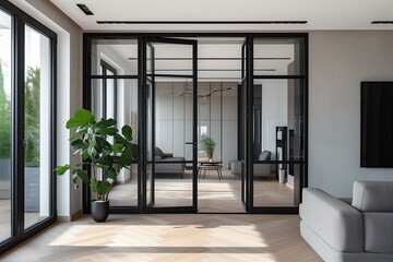 french black alluminum doors inside of a modern living room, minimalist