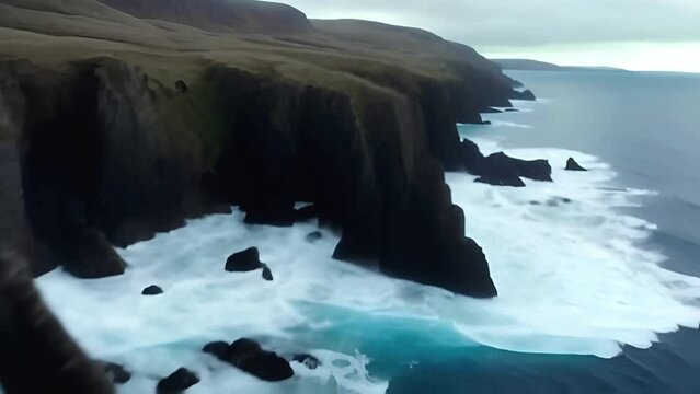 Cinematic, Aerial Drone Flythough Over Seashore of The Vast Mountain Cliffs of Scotland (HD 1080p)