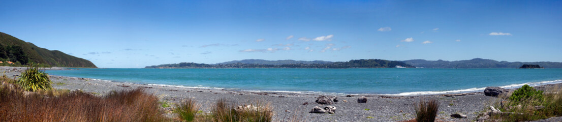 Beach at Camp Bay. Wellington Harbour area. Coast. Panorama.