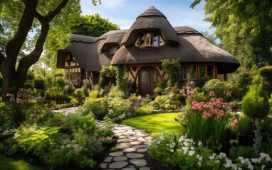 Fototapeta na wymiar Thatched Haven Fairytale Cottage Garden