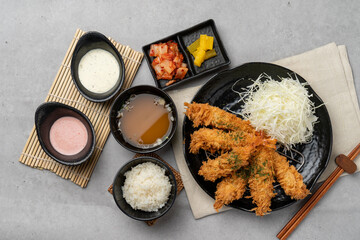 Harekatsu, pork cutlet, shrimp cutlet, kimchi fried rice, kimchi, cheese katsu, udon, roskatsu, fish cutlet, side dish, sauce, cabbage