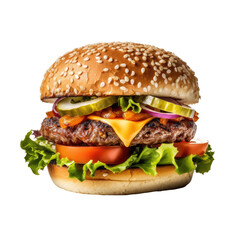 beef burger with cheese and salad on white background