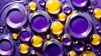 purple and yellow soap bubbles in paint create an abstract design suitable for a colorful background