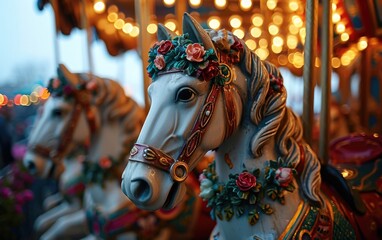 Fototapeta na wymiar Floral Elegance Festive Carousel Horses in Bloom