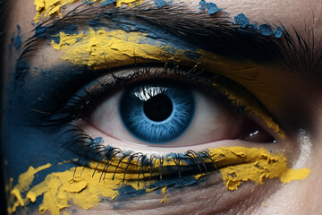 Ukrainian painted colors, blue and yellow, close up of a beautiful eye 