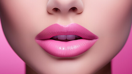 Close-up view of the pink lipstick-coated lips. Generative AI.