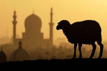large sun is setting in the background casting an sheep and mosque