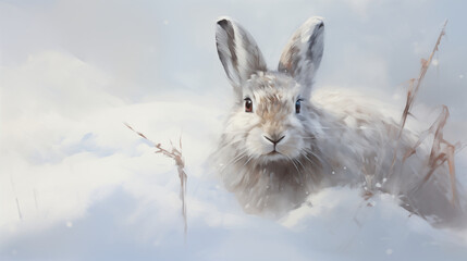 Mountain Hare in Snow. Generative AI.