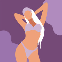 Vector flat fashion illustration of a beautiful slim blonde woman in a swimsuit and cap.
