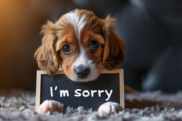 Heartfelt Regret: A Puppy's Endearing Apology with an 'I'm Sorry' Sign