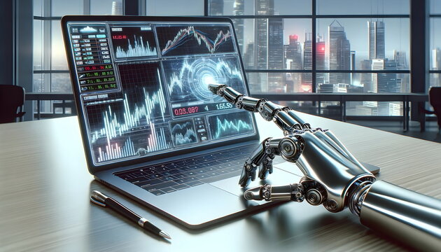 humanoid robot hand type on laptop in stock exchange, on the display is chart graph