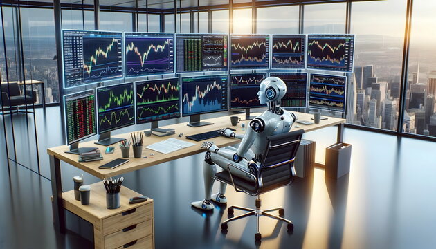 humanoid robot trading on stock exchange in the office