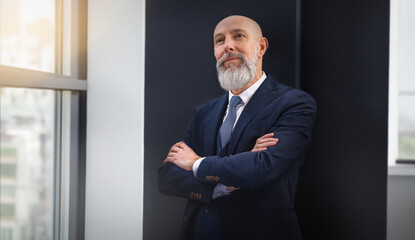 Portrait corporate d'un homme d'affaires senior très élégant portant un costume et la barbe bien taillée dans un bureau
