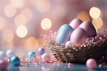 Fototapeta na wymiar easter banner with decorations, basket, sparkling bokeh, pastell colors. ai generated