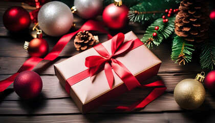 Fototapeta na wymiar Elegant Christmas Gift Box Among Festive Decorations on Wooden Table