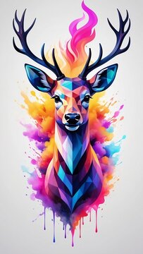Geometric Deer in Vibrant Smoke, Vector Art with Watercolor Hues
