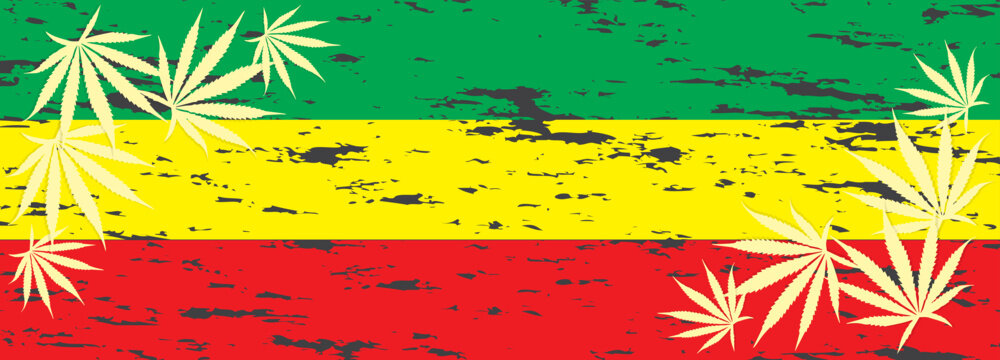 Vector illustration of a reggae flag with marijuana leaves decorated