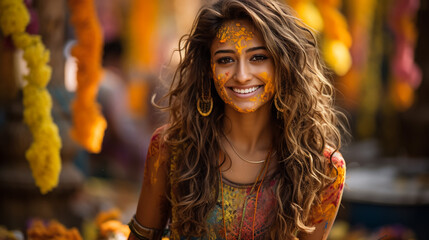 Obraz premium Holi Festival Of Colours. Portrait of happy indian girl in traditional hindu sari on holi color . india woman silver jewelry with powder paint on dress ,colorful pink and blue hair in Goa Kerala