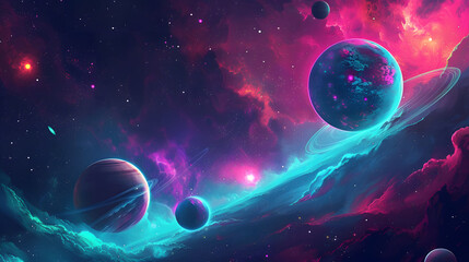 cosmic abstract background with neon stars, planets, and celestial elements, conveying a sense of space exploration and discovery