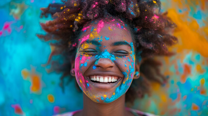 Holi Festival Of Colours. Portrait of happy indian girl in traditional hindu sari on holi color . india woman silver jewelry with powder paint on dress ,colorful pink and blue hair in Goa Kerala - obrazy, fototapety, plakaty