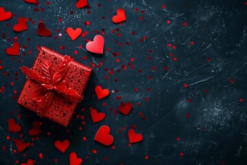 Close up red gift on dark background among heart-shaped confetti with copyspace. Valentine's day, romance, love, wedding anniversary concept