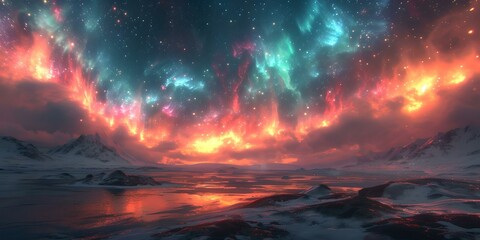 Fototapeta premium Stunning aurora borealis over snowy mountain landscape under a starry sky. ideal for backgrounds and natural scenes. serene and captivating imagery. AI