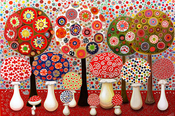 Naively abstract painting of colorful mushrooms and trees with childlike patterns