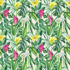 Obraz premium Tropical flower, Palm leaf watercolor botanical summer Seamless pattern. Watercolor tropical background hand drawn flora