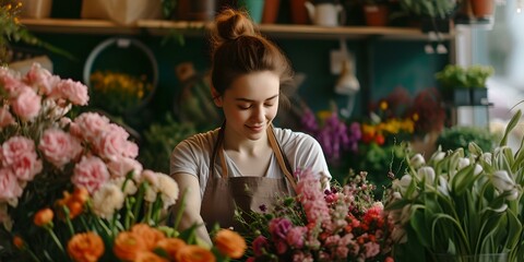 Young female florist arranging beautiful flowers in a cozy flower shop. creative floral design work. lifestyle image featuring small business. AI