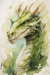 Close up watercolor fantastic creation green good dragon, chinese new year celebration concept	
