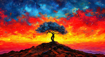 Colorful abstract graphic of a gnarled tree on the top of a mountain with the red horizon and dark blue sky in the background