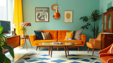A modern retro living room with iconic furniture pieces, bold colors, and geometric patterns, paying homage to mid-century design
