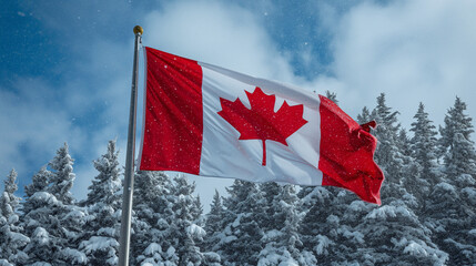 Canadian Flag Flying in Front of Snow-Covered Trees