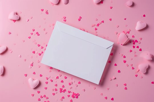 White close up valentine card among heart-shaped confetti on a pastel pink background. Concept of love letters for valentine's day, love anniversary wedding with copyspace.