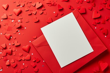 White close up valentine card among heart-shaped confetti on a red background with copyspace. Concept of love letters for valentine's day, love anniversary wedding