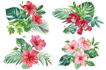 tropical plants, palm leaves and hibiscus flowers, jungle green leaves hand painted with watercolor, botanical painting