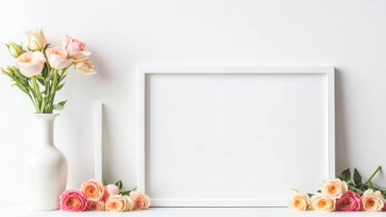 White Frame Adjacent to Vase With Flowers Arrangements - obrazy, fototapety, plakaty