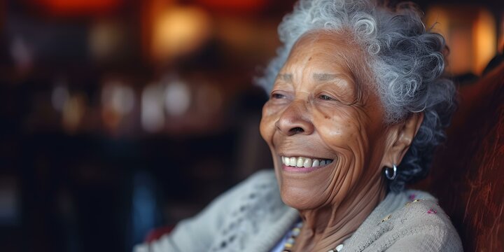 Joyful elderly woman with a warm smile, casual style captured in a comfortable setting. expressive portrait displaying happiness and contentment. AI