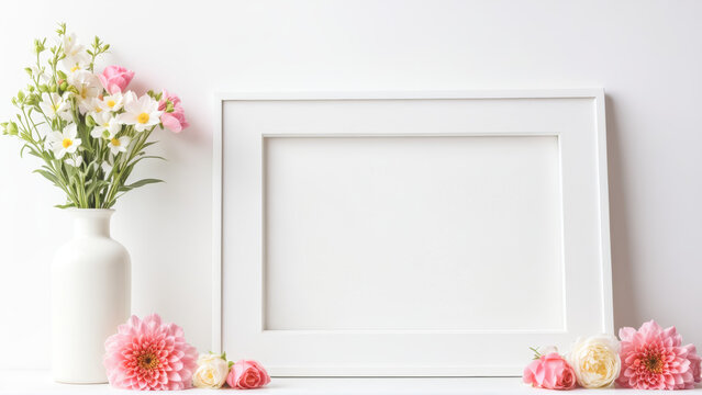 White Picture Frame Next to Vase With Flowers