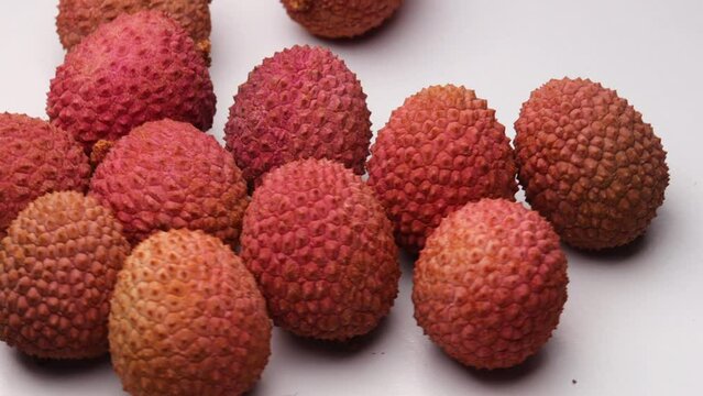 Lychee fruits, rotation in circle. tropical fruit lychee, Turning. selective focus.	