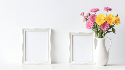 Vase of Flowers Next to Two Empty Photo Frames