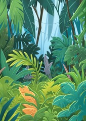 Background Jungle. Bright jungle with ferns and flowers. For design game, websites and kid's book printing. Children's book illustration in cartoon style.