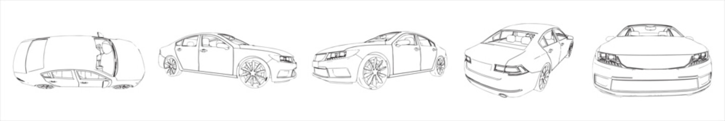Fototapeta premium Vector conceptual set or collection an urban car sketches from different perspectives as a metaphor for transportation and travel, independence, flexibility and freedom, privacy and safety