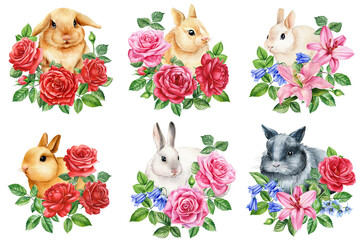Cute easter bunnies and flowers, watercolor drawing painting. Easter poster with rose, lily, bluebell flowers and leaves