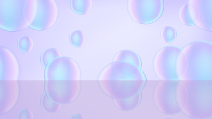 Abstract surreal background with flying balls or bubbles of pastel pink purple color gradient, specular reflection. Realistic 3D design. Vector horizontal banner, futuristic template with copy space