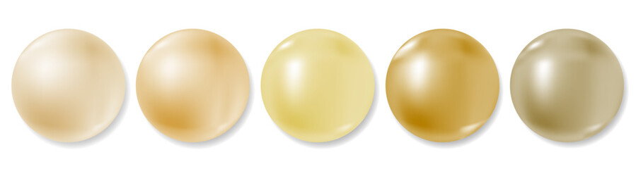 Realistic gold balls collection isolated on white. 3D sphere set, different shades from light beige to dark yellow. Vector clipart, jewelry pearl gem, plastic or metal beads with natural reflection. - obrazy, fototapety, plakaty