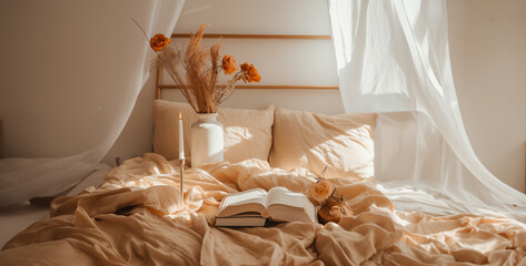 Fototapeta na wymiar bed in a bedroom, A bed is surrounded by a comfortable white duvet