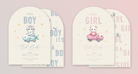 Cute baby shower watercolor arch invitation card with toy kitten sitting in a car shaped like a fish. Oh baby calligraphy.