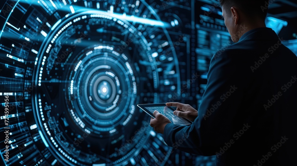 Aufkleber a businessman uses a tablet to interact with a futuristic holographic interface, embodying the integ